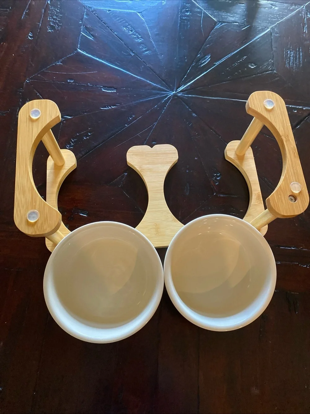 Raised Double Pet Feeding Set with Natural Wood Stand and Cream Bowls